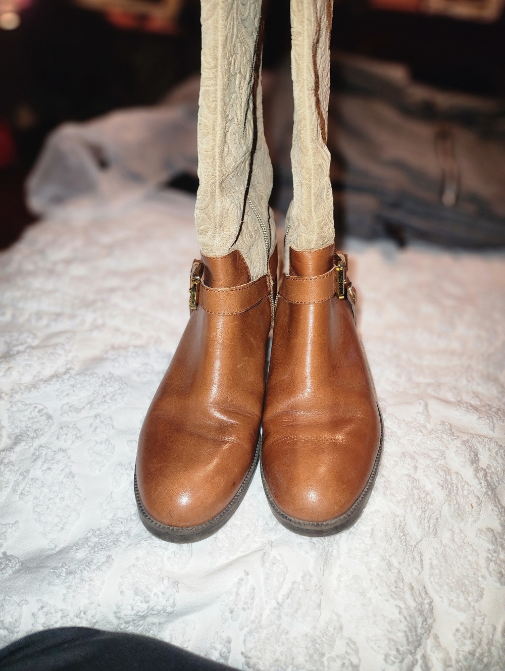 Ralph Lauren Tan Brown Embossed Shaft Leather Heeled Boots - Picture 2 of 7